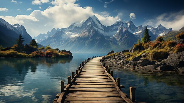 Foto lake pier met bergen op de achtergrond