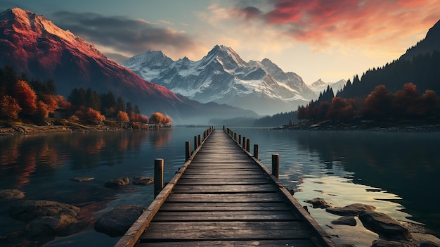 Foto lake pier met bergen op de achtergrond