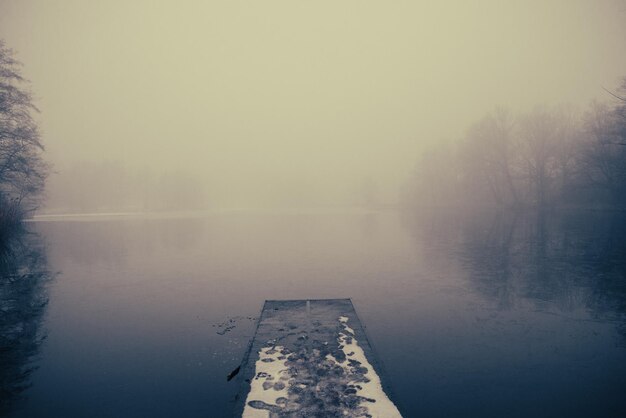 Inverno del molo del lago e nebbia pesante