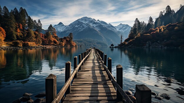 Lake Pier with Mountains in the Background