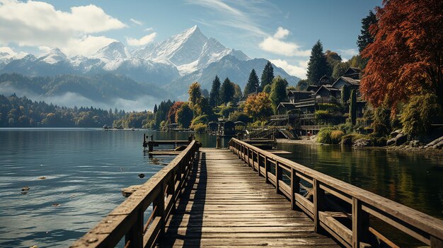 写真 背景 に 山 が ある 湖 の ピア