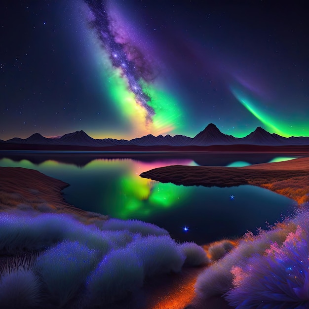 Lake reflect cosmic stars Aurora and Milky Way 3d illustration