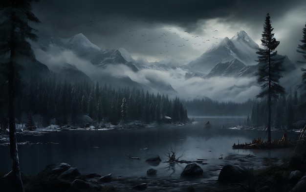 Photo lake reflected in the mountains frostpunk