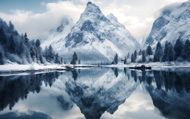 Photo lake reflected in the mountains frostpunk