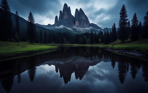 Photo lake reflected in the mountains frostpunk