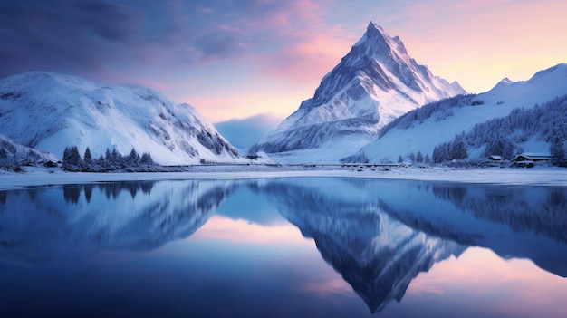 Lake reflection evening snow landscape