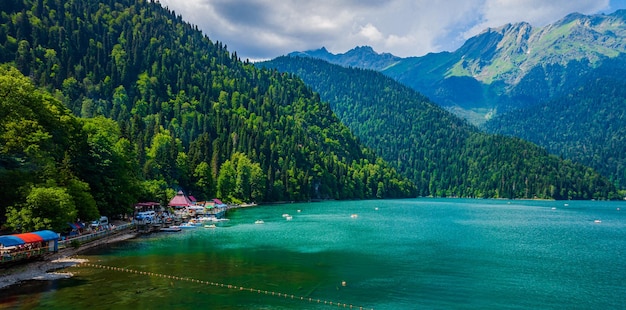 Lake Ritsa in mountains in Abkhazia