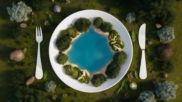 Photo a lake in the shape of a cutlery plate in the middle of unspoilt nature