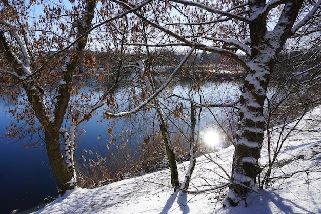 Lake shore covered with snow in winter