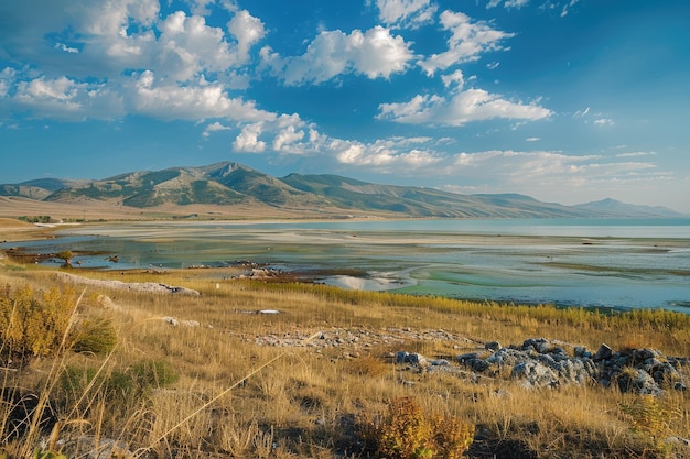 Photo lake sivash hyper saline area with crimean mountain view shallow bays