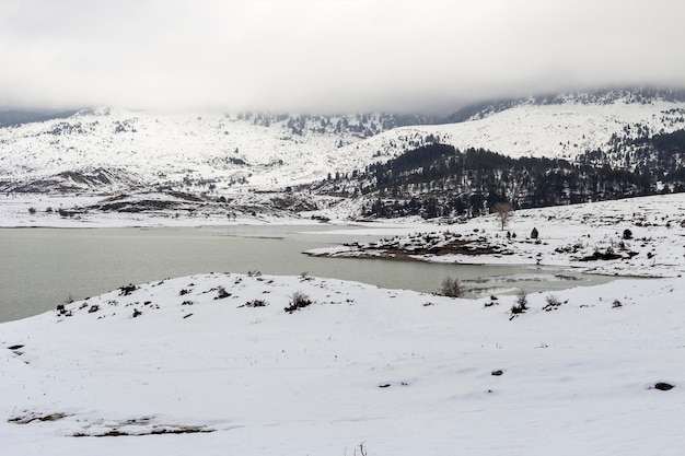 曇りの日に冬の山 Epirus 地域ギリシャの Aoos の泉の湖