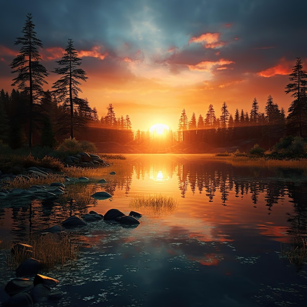 湖の夕暮れの風景が壁紙の背景画像に描かれています