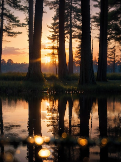 木々のある湖の夕日 自然のある湖の夕日