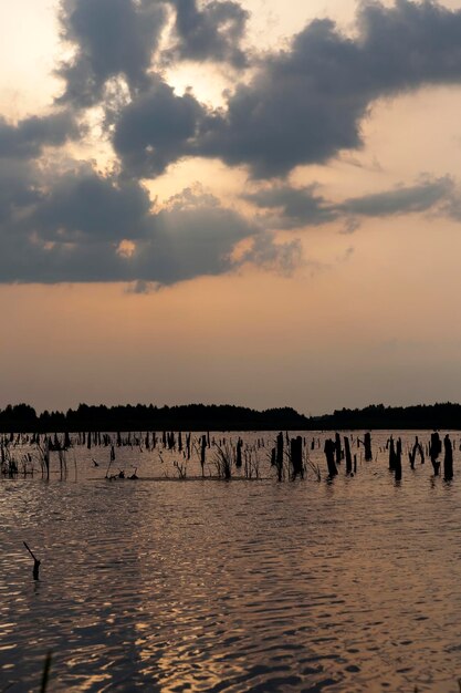 Lake during sunset with yellow-orange sky