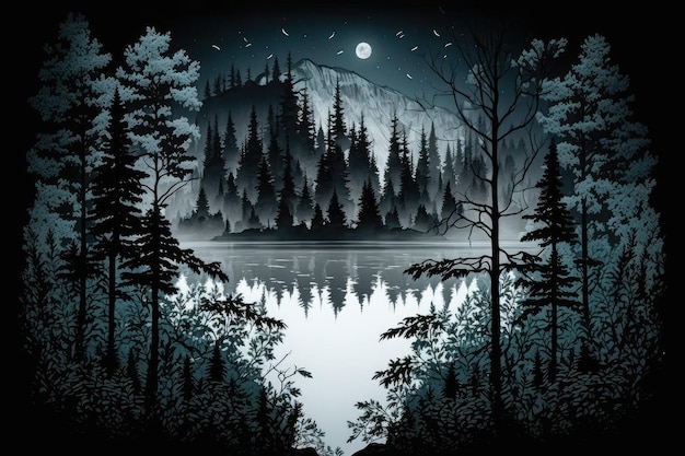 Lake surrounded by a majestic evergreen forest at night Great fir and spruce trees