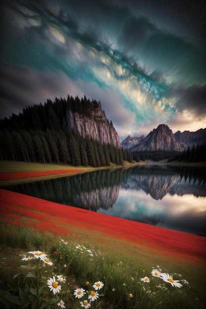 A Lake Surrounded By Mountains Under A Cloudy Sky