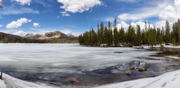 アメリカの風景の中の山や木々に囲まれた湖