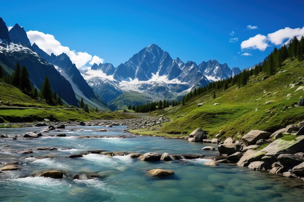 Lake surrounded by mountains and trees Generative Ai