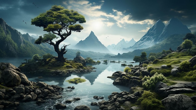 Photo a lake surrounded by mountains with a tree beautiful scenery