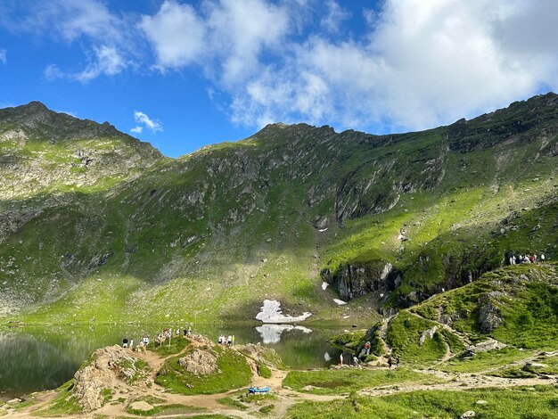 A lake surrounded by mountains