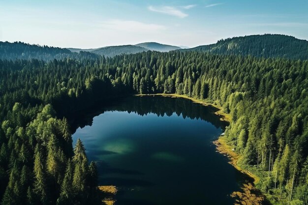 Photo a lake surrounded by pine trees and mountains