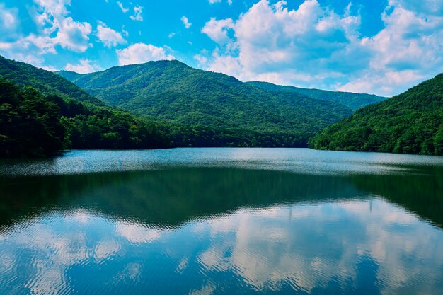 Lake surrounded by the sky and mountains