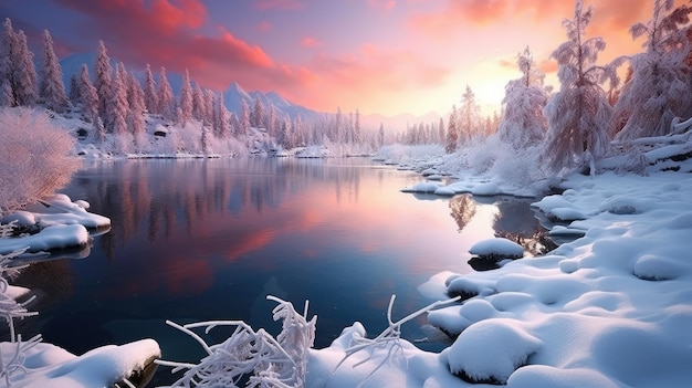 a lake surrounded by trees covered in snow