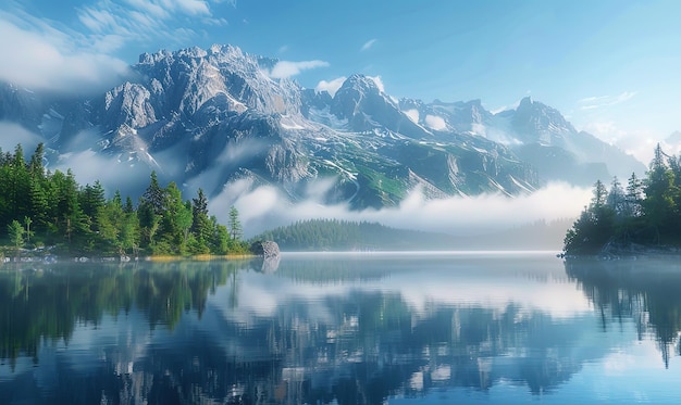 背景の木や山に囲まれた湖