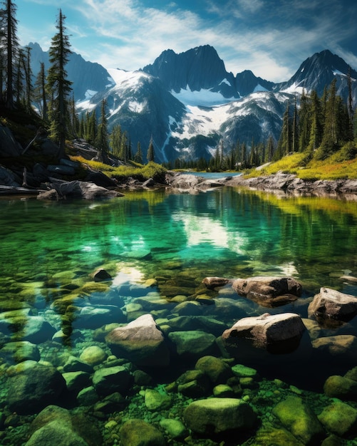 a lake surrounded by trees and mountains