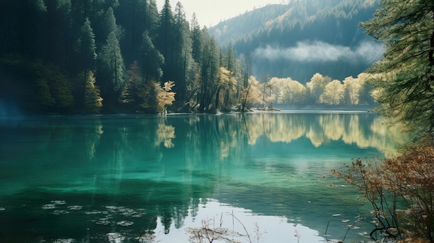 Photo lake surrounded by trees and rocks generative ai