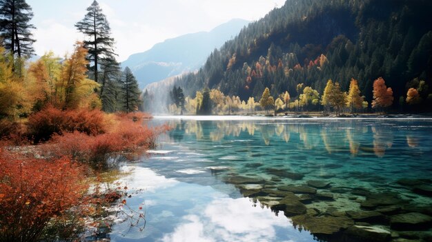 Lake surrounded by trees and rocks Generative Ai