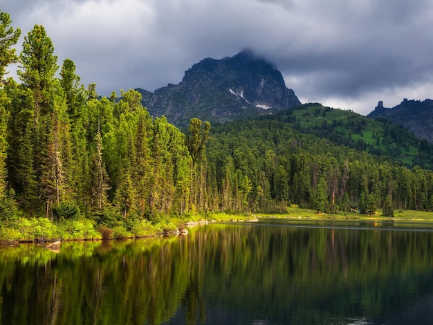 Lake Svetloye in Ergaki op een zomerochtend tussen de taiga-rotsen met blauwe lucht in de warme zon en bomen Zonnig berglandschap