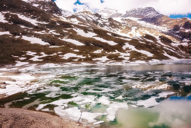 Lake in Switzerland in spring with some ice alps landscape