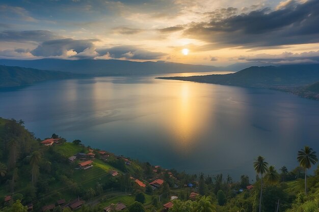 Photo lake toba and samosir island view from above sumatra indonesia