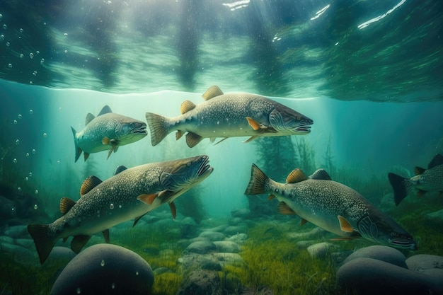 Lake Trout Fish Underwater Lush Nature by Generative AI