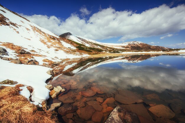 Lake tussen bergen. Lente landschap. Karpaten. Oekraïne