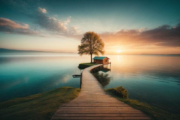 Foto vista sul lago montagna con piccolo albero al tramonto paesaggi pacifici immagini vibrazioni di rilassamento