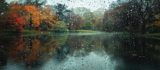 Вид на озеро через окно, покрытое дождем