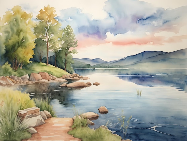 Lake View Watercolor Background