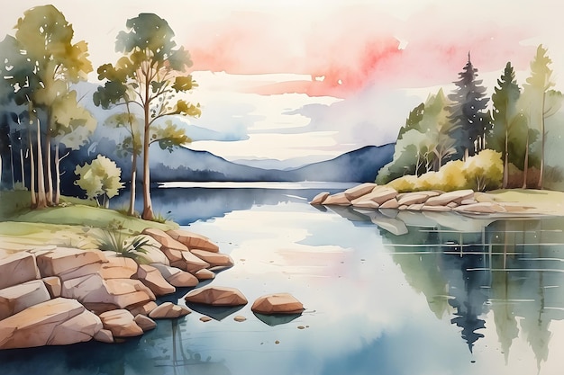 湖の景色 背景の水彩画