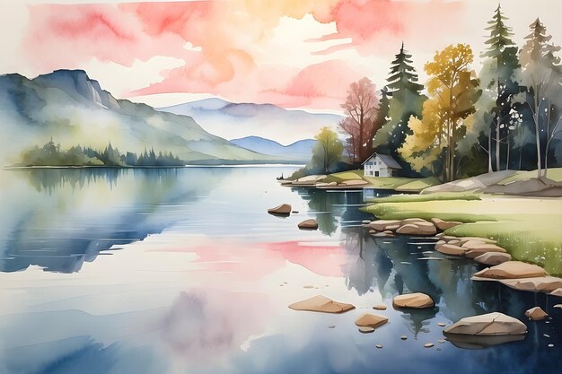 Lake View Watercolor Background