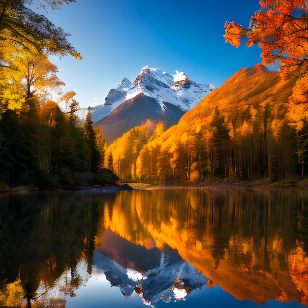 写真 山 と 森 の 背景 に ある 湖 の 景色