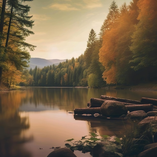 Lake view with wood on it on the forest