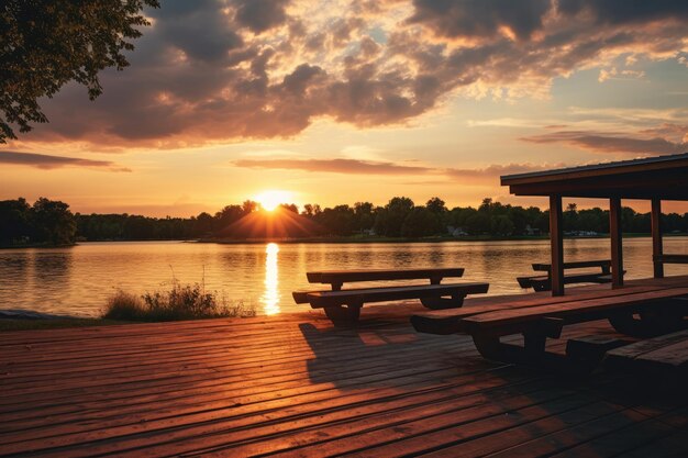 Photo on the lake viewing platform the heat wave is even hotter at dusk and the sunset on the lake