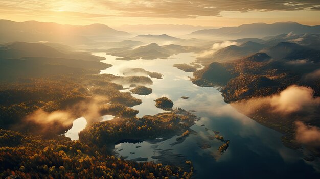 上空から見た暖かい朝の光に照らされた湖