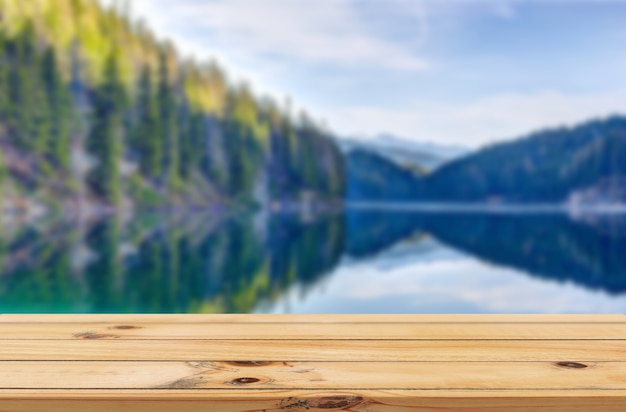 lake water background with wooden table product display