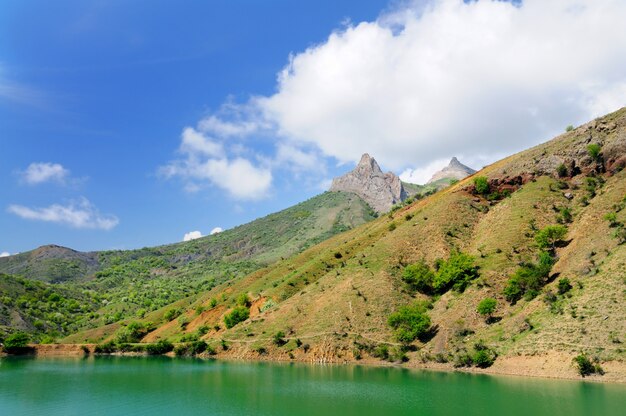 Lake with azure water located among mountains