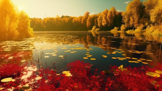 A lake with a beautiful landscape of leaves and flowers