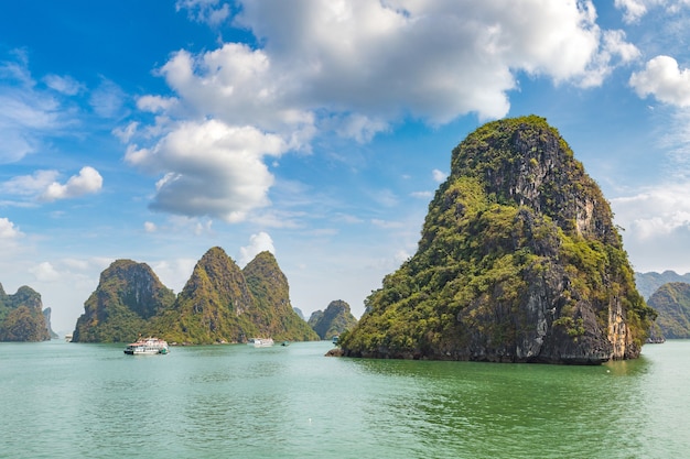 Lake with big mountains and blue sky with clouds in Thailand