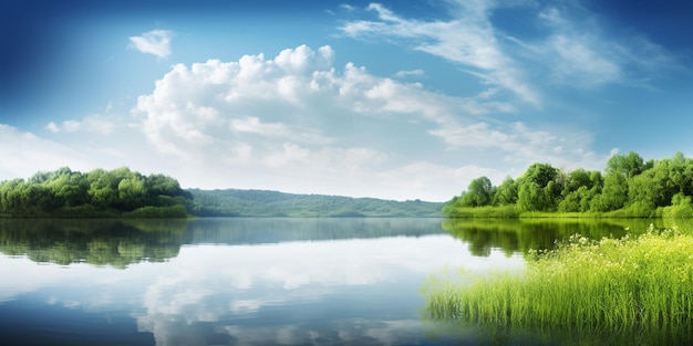 A lake with a blue sky and clouds